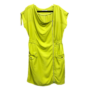 Monnari lime tencel asymmetrical ruched zip Lagenlook dress Fits 14ish